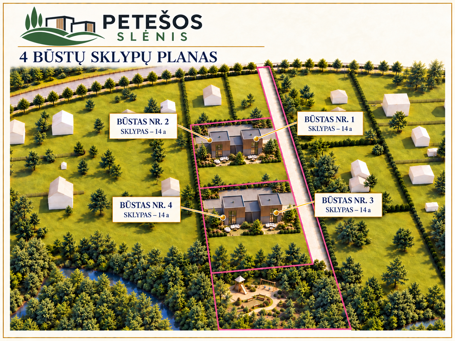 Keturių būstų sklypų išdėstymo schema